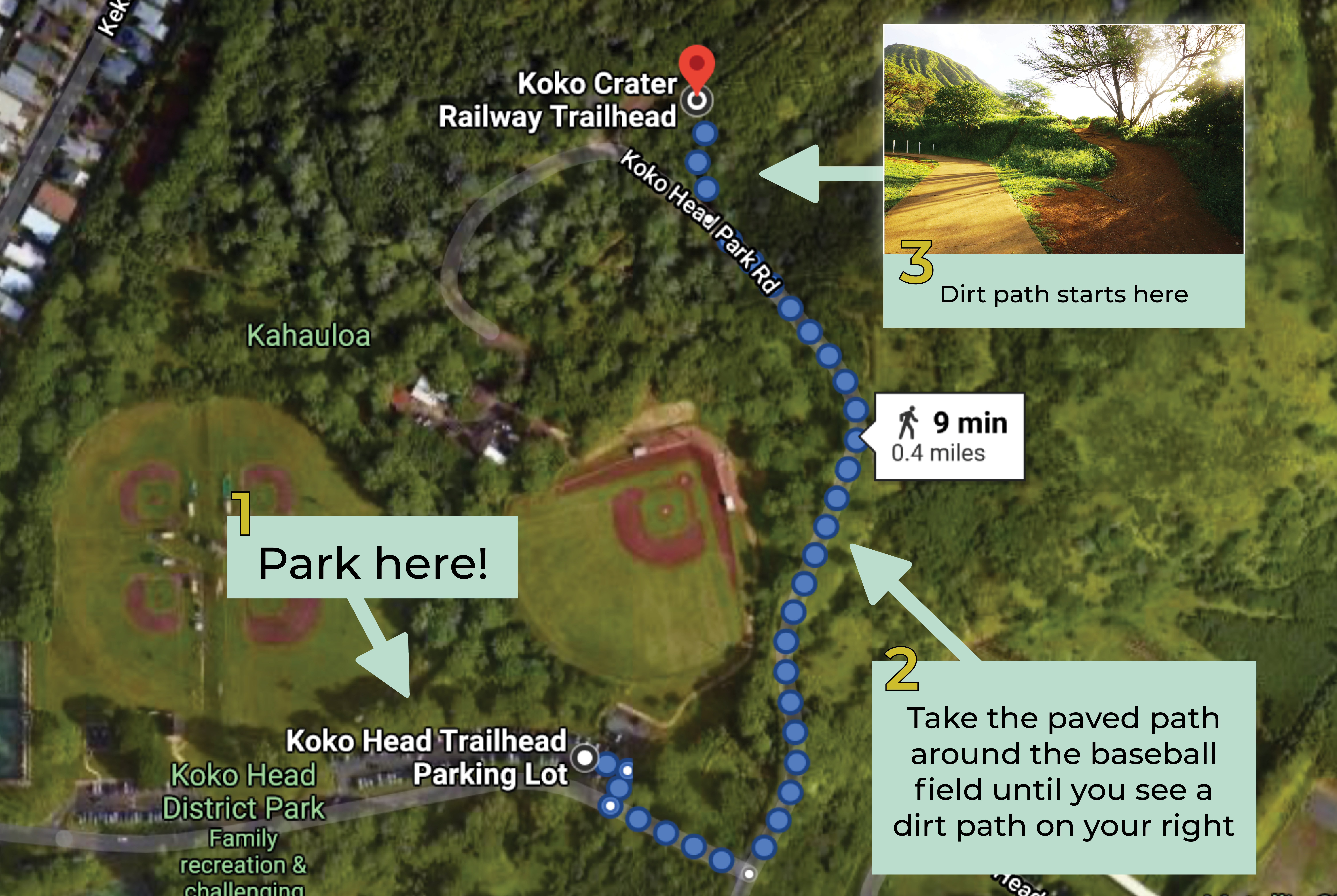 Guide map showing where to park and the path to the Koko Head Crater Stairs trailhead
