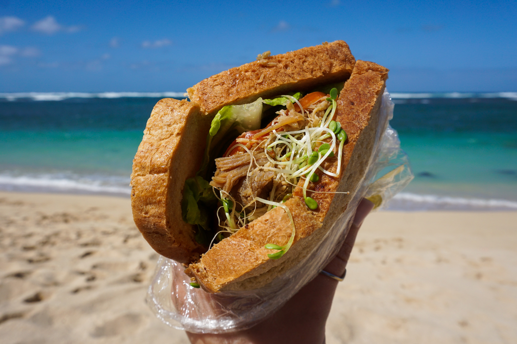unwrapped chicken teriyaki sandwich held up in front of North Shore beach
