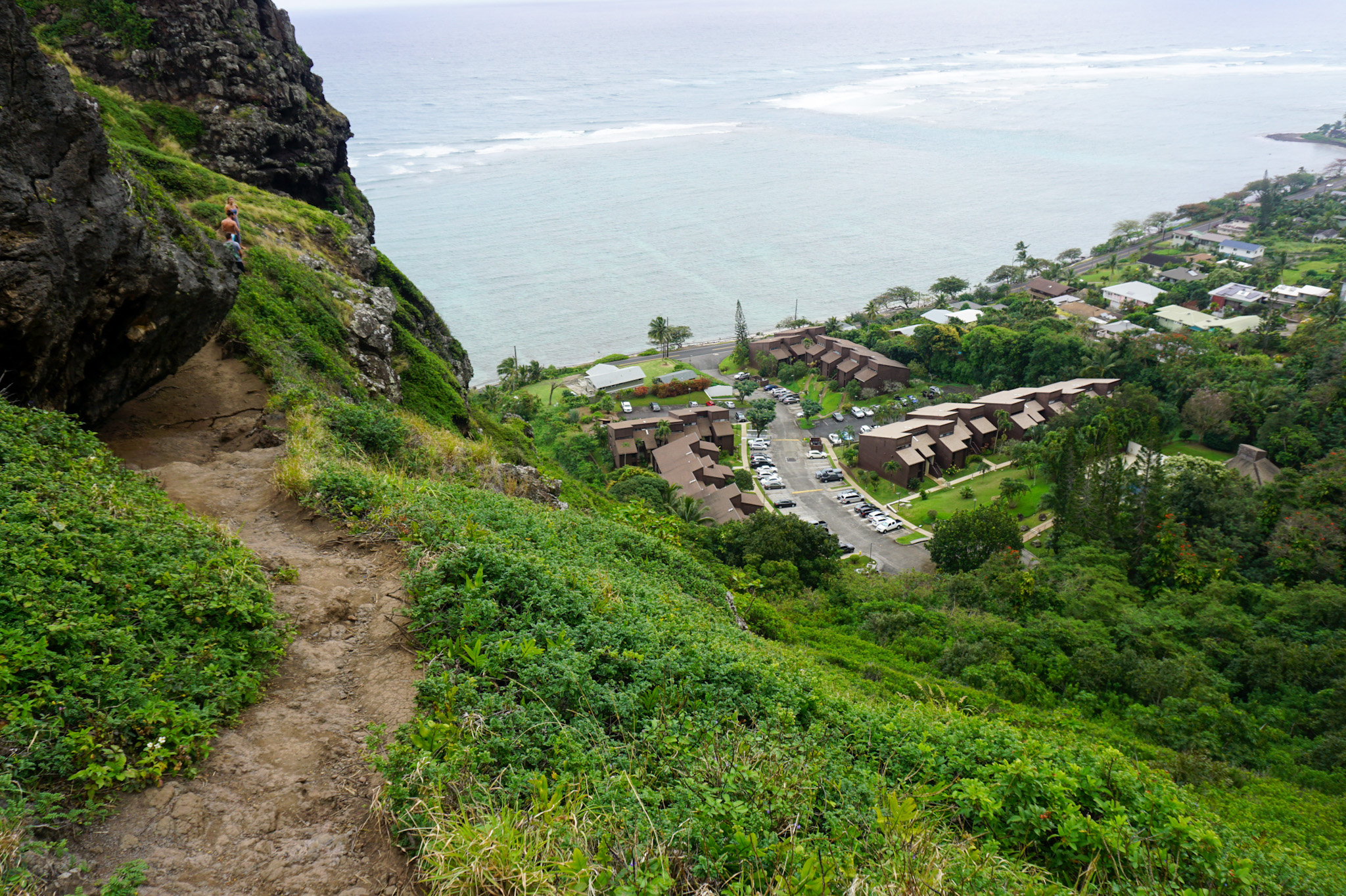 View of neighborhood and ocean below cliff drop