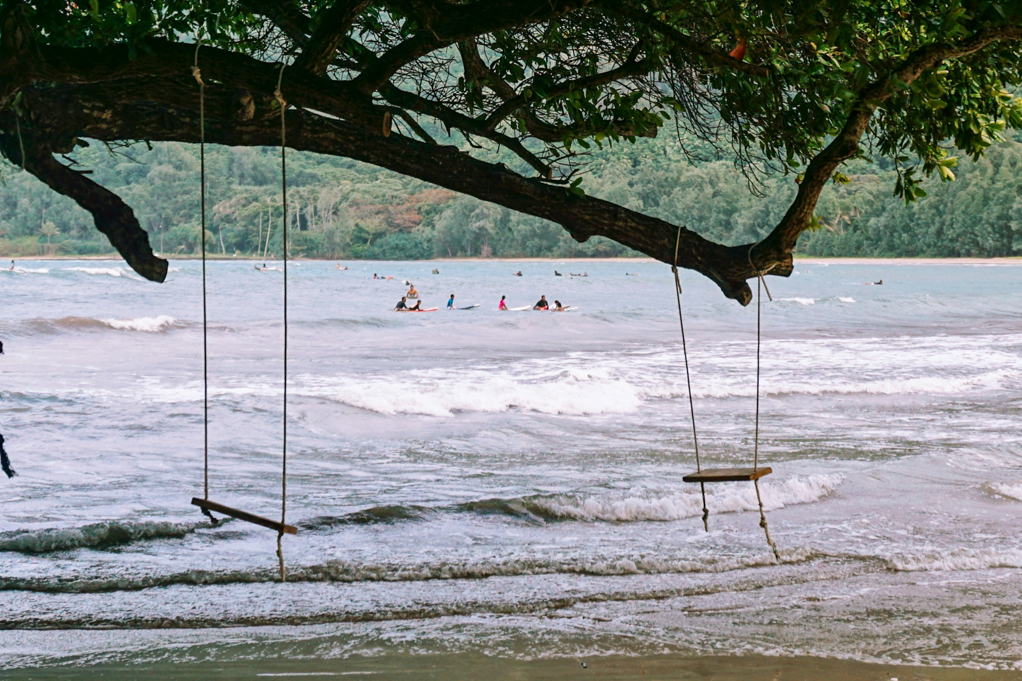 beach swings and surfers with ko'olau mountains in background at Kahana Bay