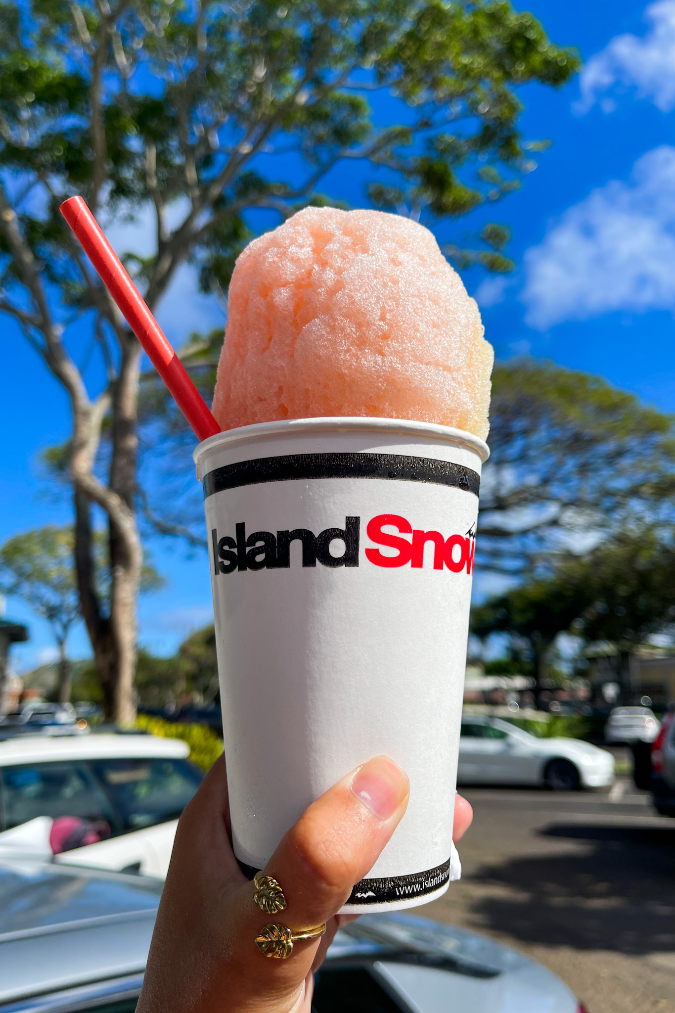 Pink Guava Shave Ice inside tall paper Island Snow cup