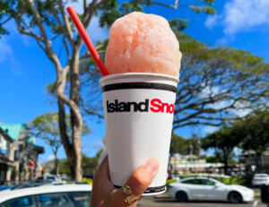 Pink Guava Shave Ice inside tall paper Island Snow cup