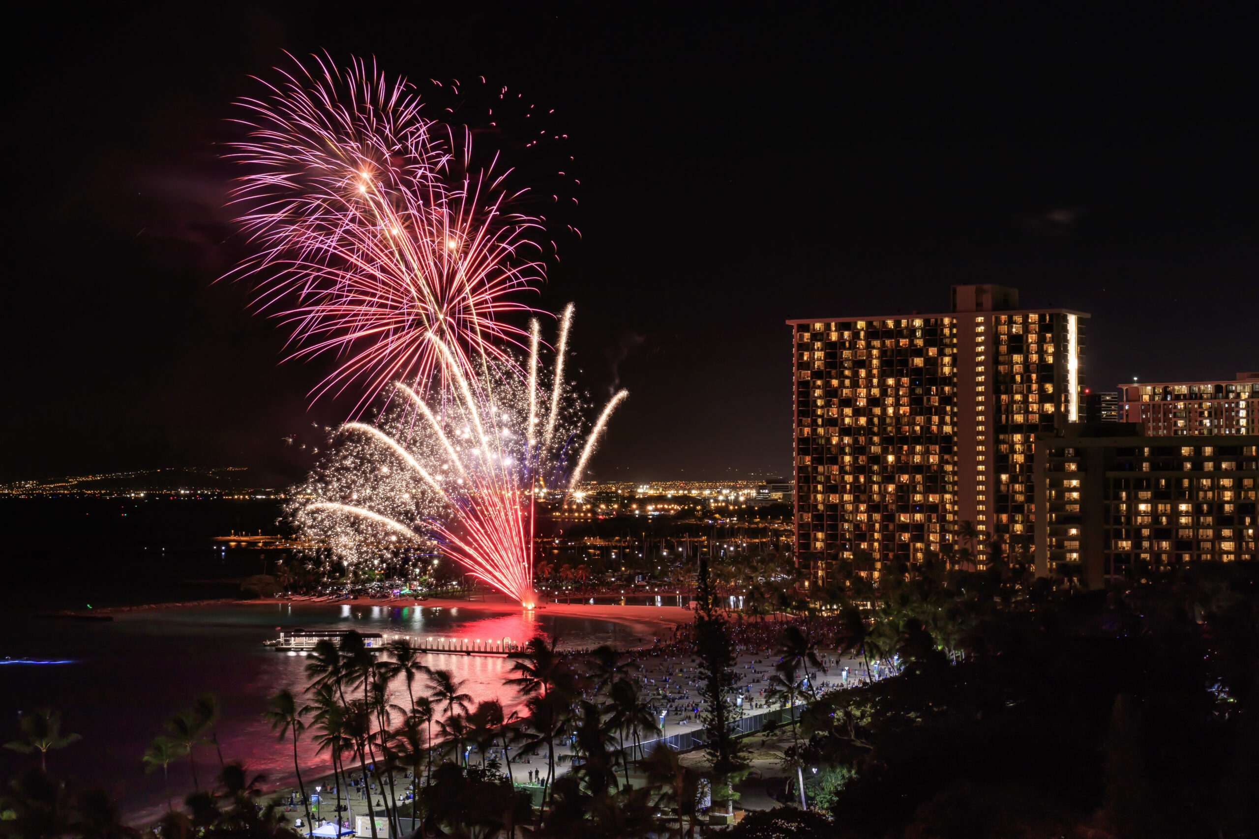 Fireworks on Waikiki Beach at night