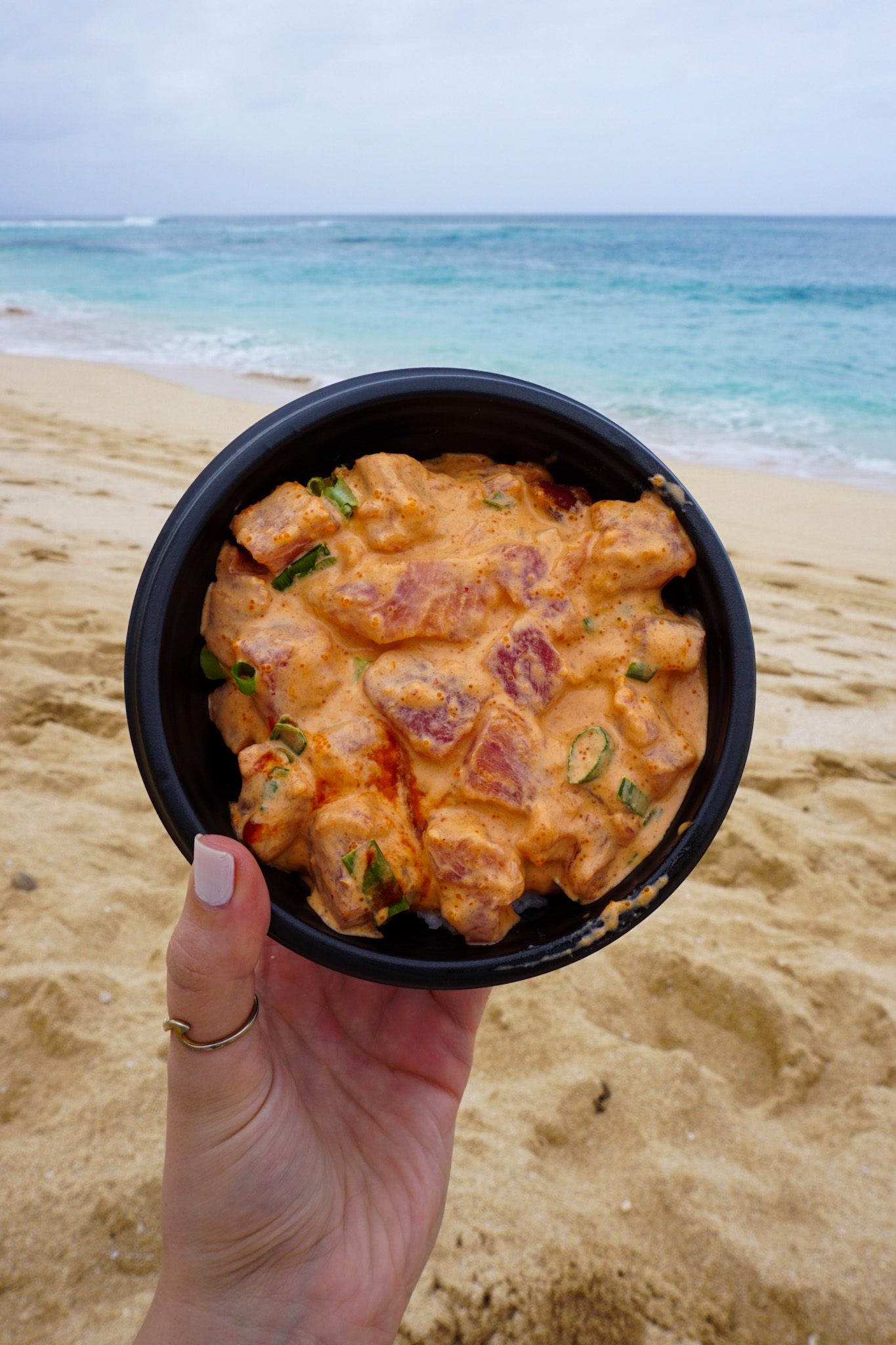 Spicy Ahi Tuna Poke over rice from Foodland in Pupukea - North Shore Oahu, Hawaii. The best lunch or dinner on Oahu!