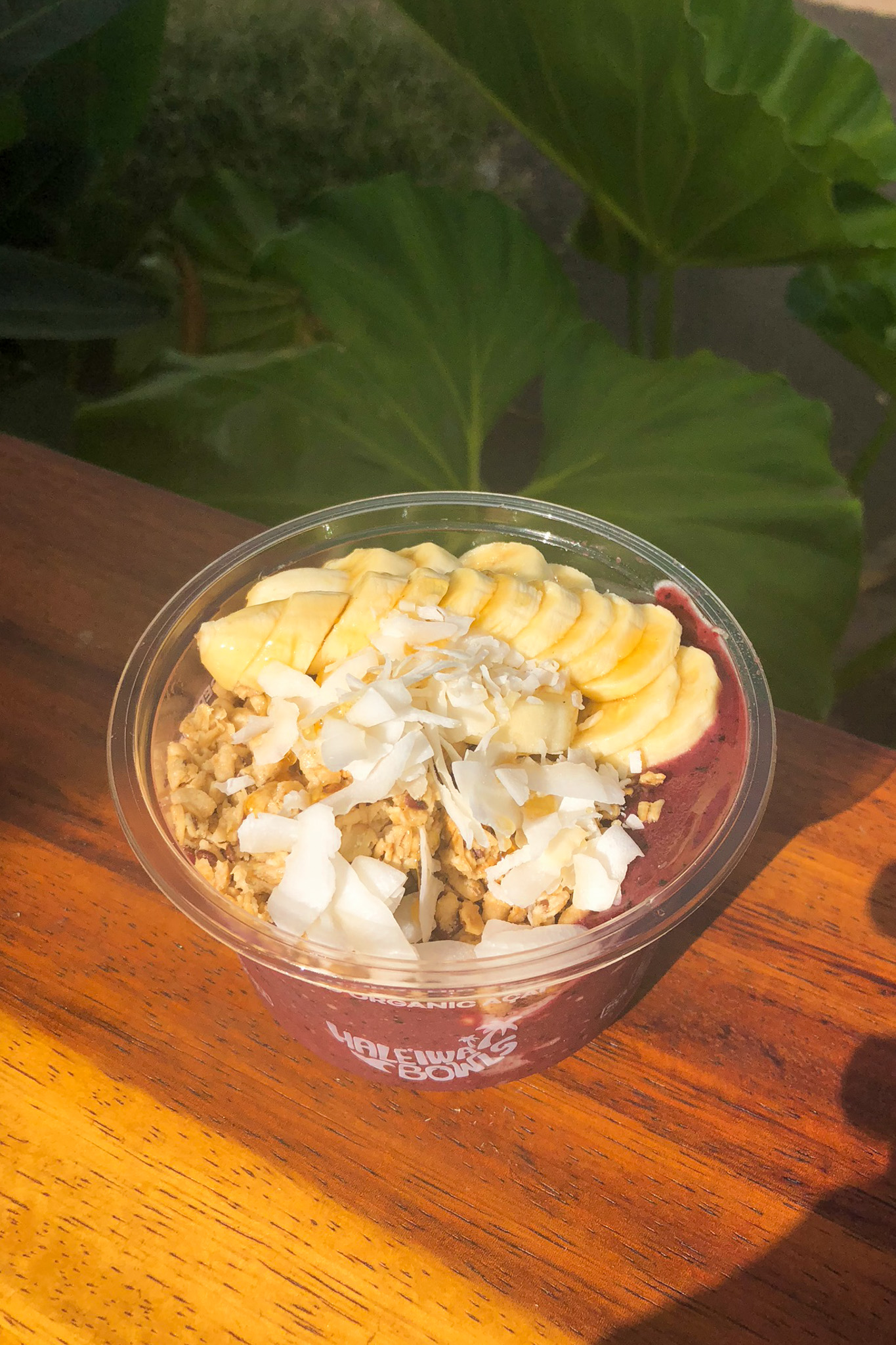 Acai bowl topped with fruit and granola from Haleiwa Bowls on Oahu's North Shore