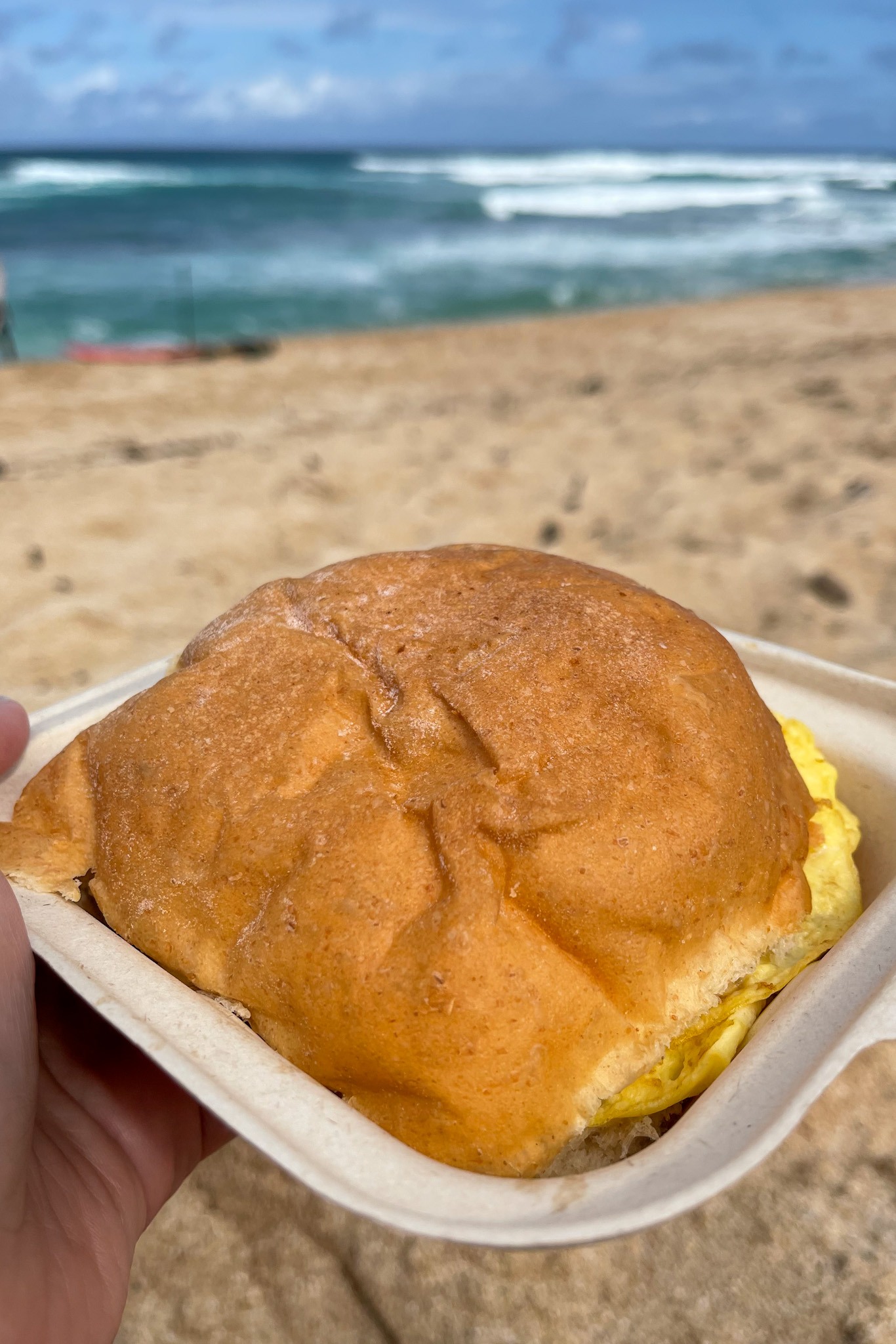 Ted's Bakery Egg and Cheese breakfast sandwich at Sunset Beach on North Shore Oahu